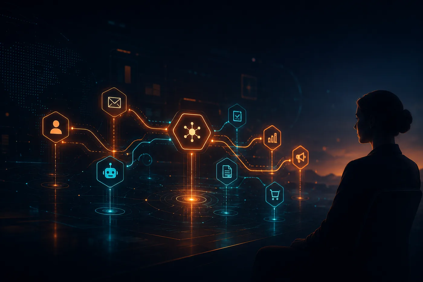 A glowing network of automated workflow nodes handing tasks to each other in orange and teal light