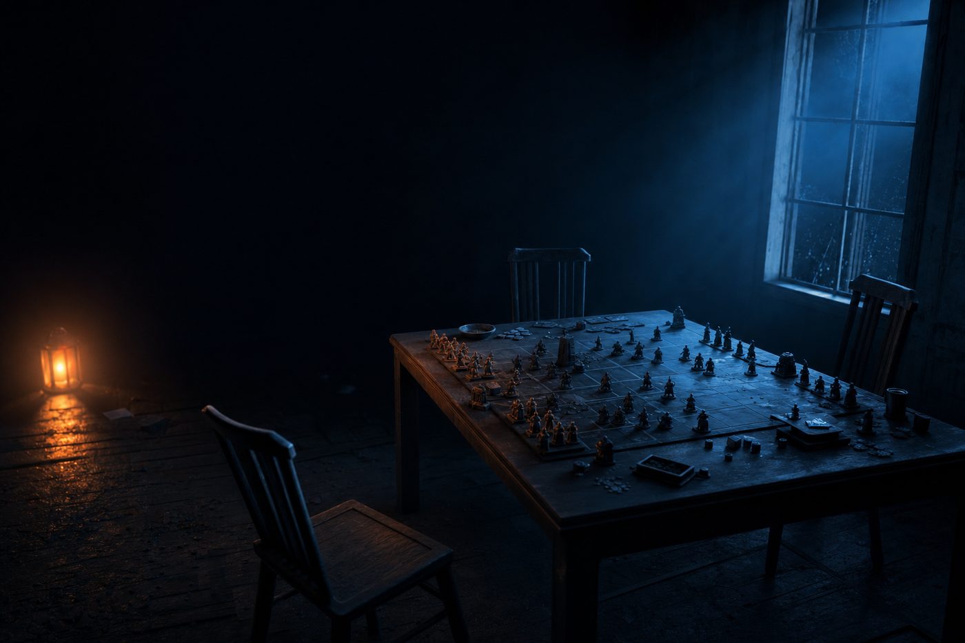 An abandoned strategy board game set up mid-play in an empty room