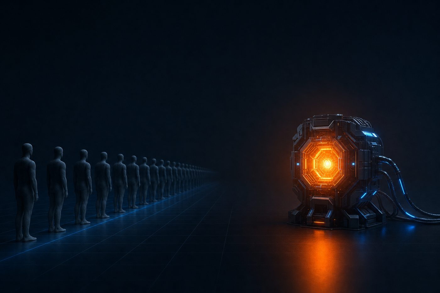 A long row of identical figures on one side, a single compact machine core on the other