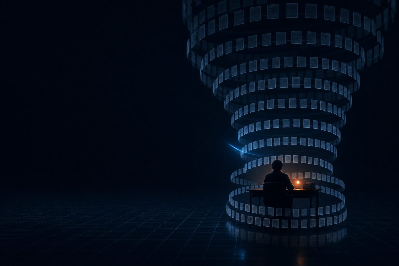 A single figure at a desk encircled by repeating loops of identical paperwork